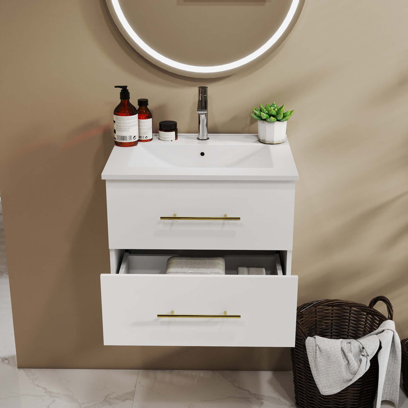 Ensemble de meuble-lavabo mural brillant avec lavabo, double tiroir et lavabo en céramique, Blanc lustré, 24"