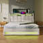 Grand lit plateforme tapissier avec rangement hydraulique, éclairage DEL et charge USB au fini naturel