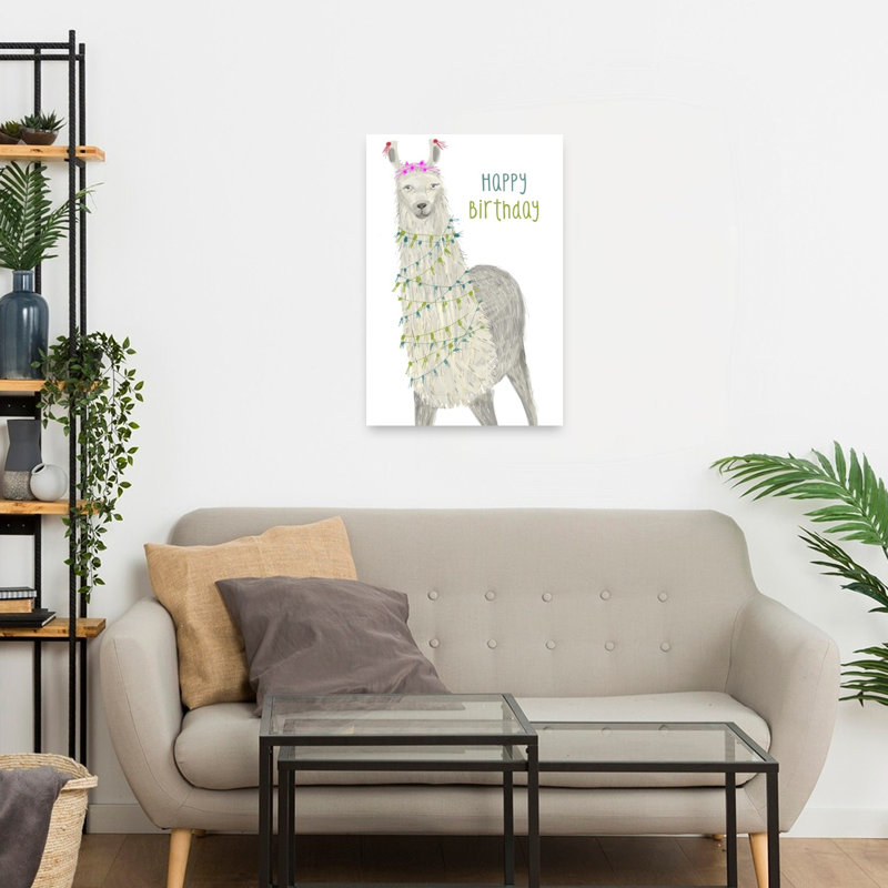 Festive Llama Birthday Playful Whimsical Contemporary Animal Flower Wall Art Print by Carla Daly - Wrapped Canvas Print