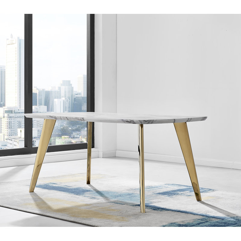 Anders Modern High Gloss Marble Effect Dining Table Set with 6 Luxury Faux Leather Dining Chairs, Cappuccino/Gold, Gold