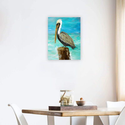 Blue Single Pelican On Post Canvas Wall Art Home Indoor Decoration 24 X 18 Inch