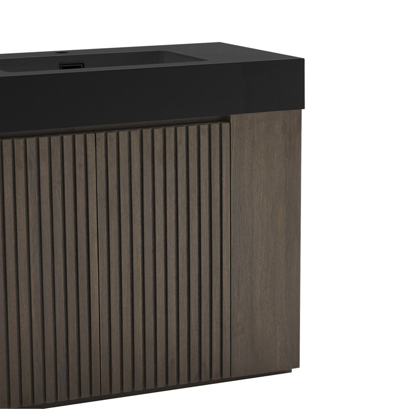 Meuble-lavabo sur pied en chêne fumé 36 po GALAN avec lavabo, grand meuble-lavabo autoportant pour salle de bain moderne, lavabo à une pièce en quartz noir sans drain ni robinet, KD