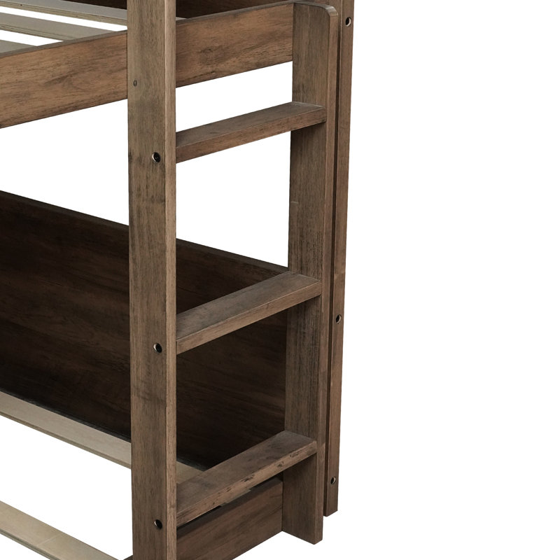 Lit simple superposé avec tête de lit à panneaux, bois d'hévéa massif, finition chêne antique, garde-corps et lit de rangement sous le plancher, avec porte de grange rustique, rails,