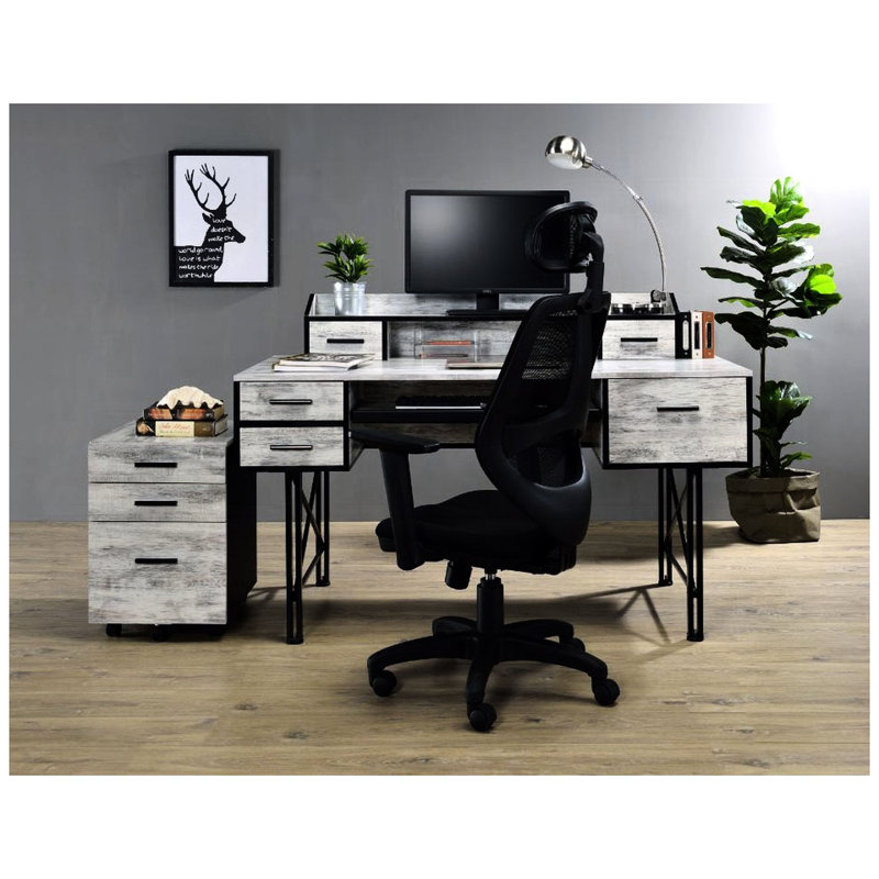 Bureau antique blanc et noir avec 5 tiroirs, base en métal, conception efficace, tiroirs d'écriture robustes