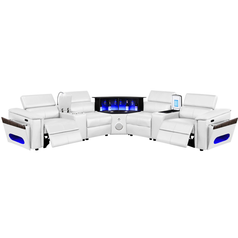 Canapé modulaire blanc moderne avec 2 consoles de lecture et réfrigérateur, 4 sièges, électrique, appuis-tête réglables, tapis de recharge sans fil, ports, système audio, barre de levage à DEL avec éclairage, rangement en forme de L de 4 po