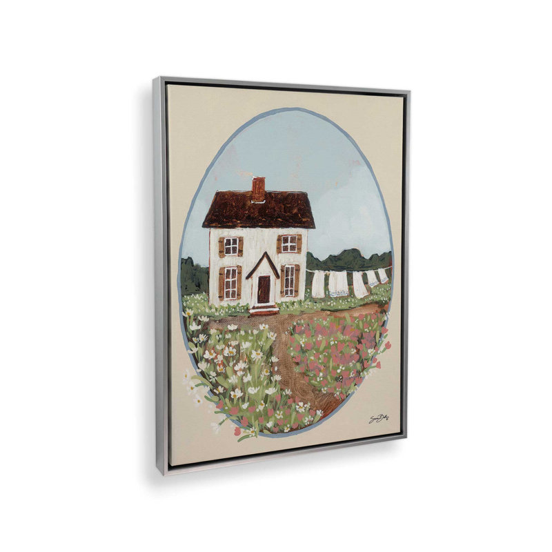 «Flower Farm Cottage» par Sara Baker, reproduction d'art, L 24 po x H 32 po, Toile avec cadre, Argent