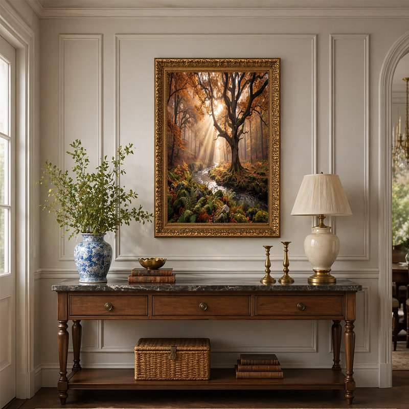 Toile dorée à travers un arbre antique sur un ruisseau moussu, art mural, H 24 po x l 36 po