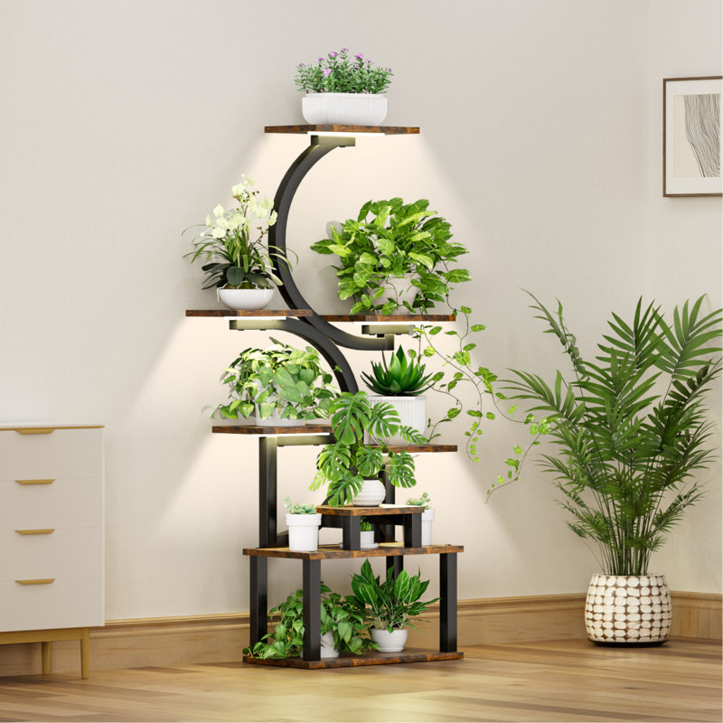 Support pour plante d'intérieur avec 5 lumières de culture, étagère de présentation à 8 niveaux, l 28,3 po x 10,2 po x 62 po, brun rustique