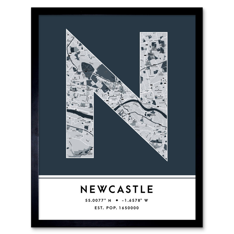 Newcastle City Map Newcastle Navy by Wee Blue Coo - Single Picture Frame Typography