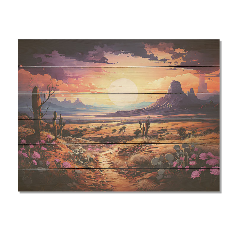Violet Vista Cactus - Cactus Wood Wall Art On Natural Pine Wood, 30" H x 40" W