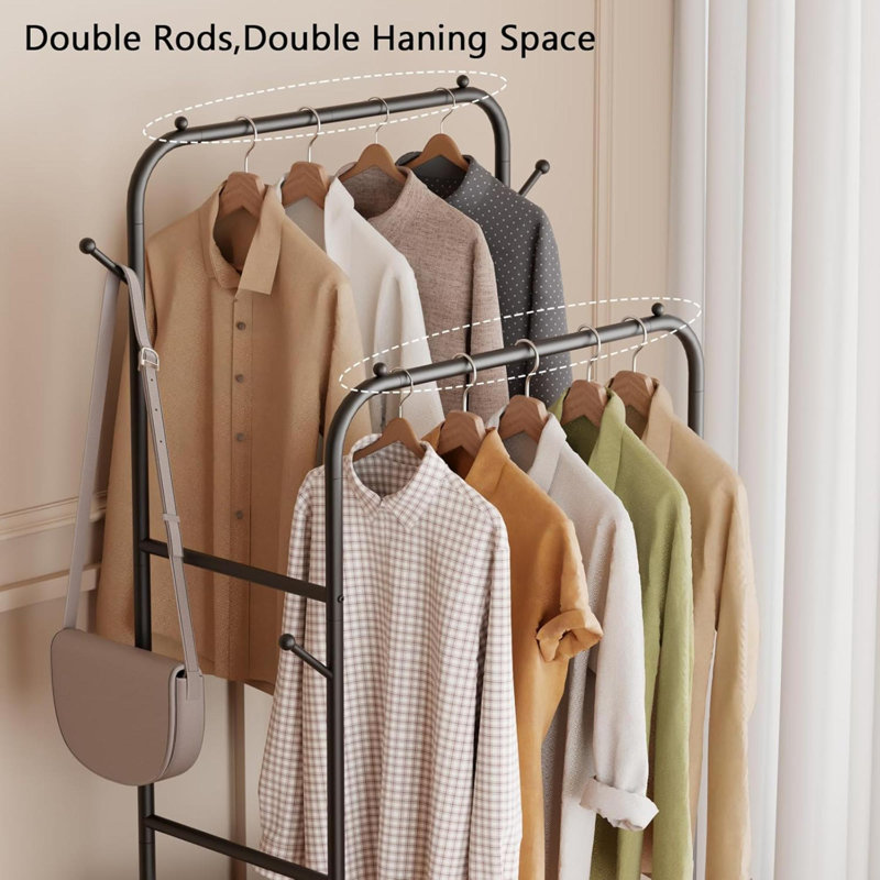 Black Metal Double Rods Garment Rack with Storage Box