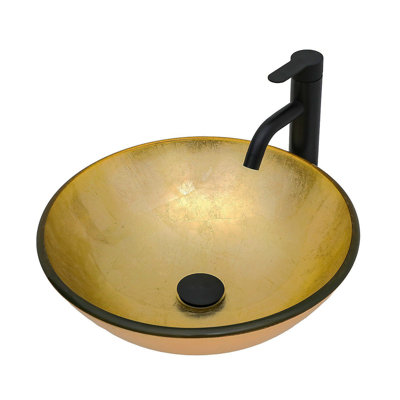 Lavabo vasque de salle de bain artistique en verre trempé avec robinet noir et bonde escamotable, bol rond en verre trempé texturé feuille d'or