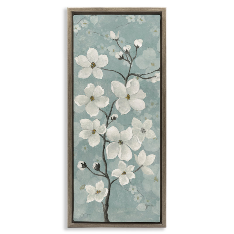 Fleur de pommier sur cadre flottant vert, design par Janet Tava, Cadre flottant orme Montalcino, H 31 po x l 15 po