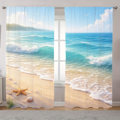 2Pcs Ocean Wave Beach Curtains, Seaside Coastal Tropical Scenery Window Drapes for Living Room Bedroom Bathroom Outdoor Decor, Rod Pocket Panels