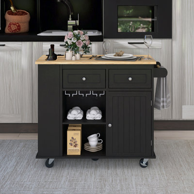 39.8" Rubber Wood Drop-Leaf Countertop Kitchen Cart With Open Storage And 5 Wheels