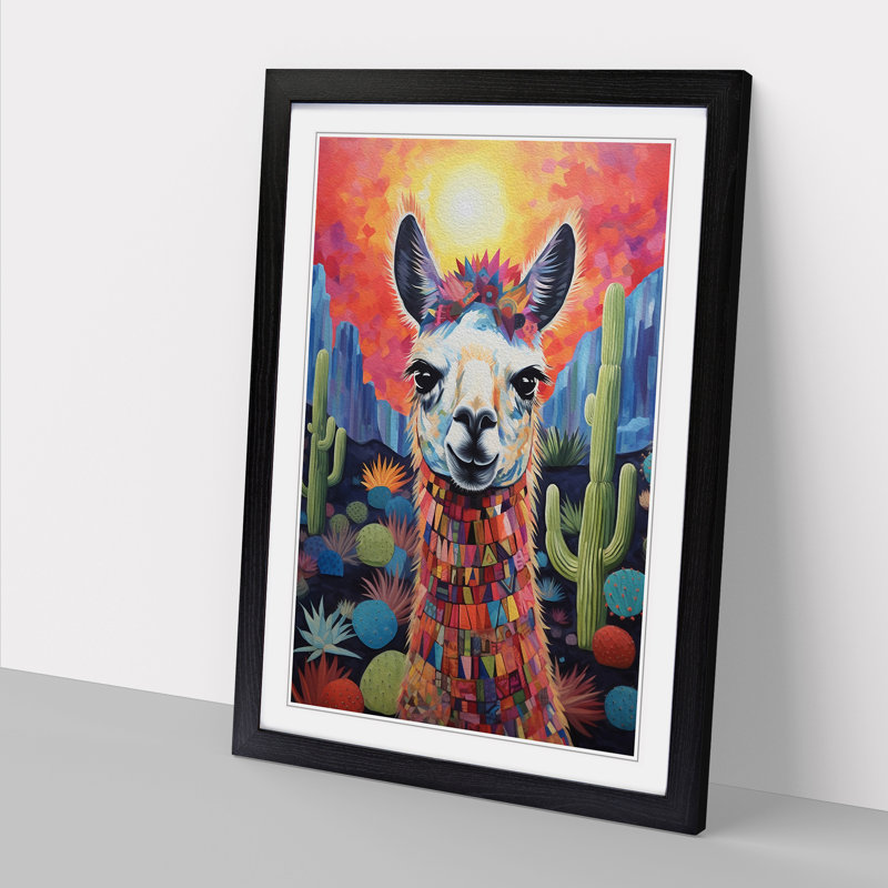 XYZ-FRM-V1223-4306 Llama Symbolism - Single Picture Frame Print on Wood, 64cm H x 46cm W x 2cm D, Black