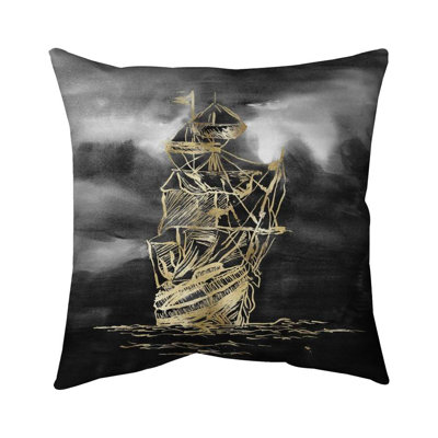 Sailing little ship illustration gold - 18"x18" Throw pillow cover - Poly twill - Print on demand