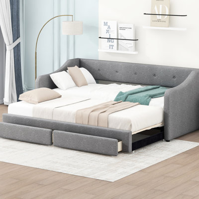 Lit de jour gris très grand simple rembourré avec tiroirs - Lit polyvalent confortable pour les espaces de vie de 2 chambres pratiques et élégantes