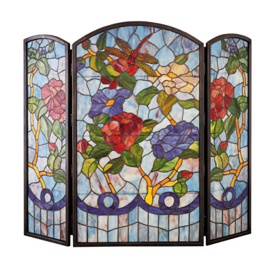 Dragonfly Flower 3 Panel Brass Fireplace Screen