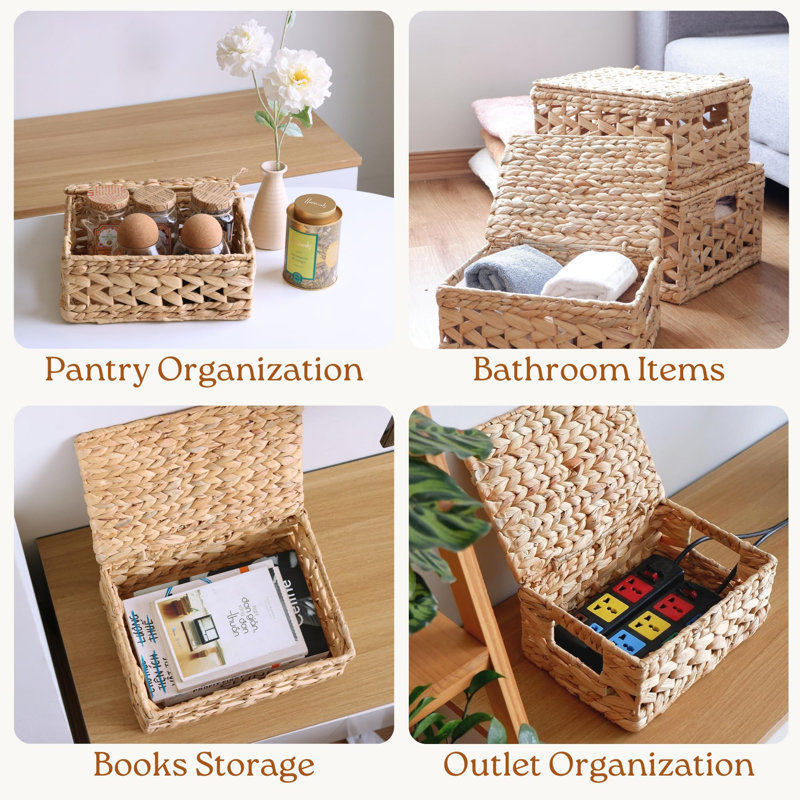 Natural Woven Water Hyacinth Wicker Storage Baskets with Lids, Set of 3