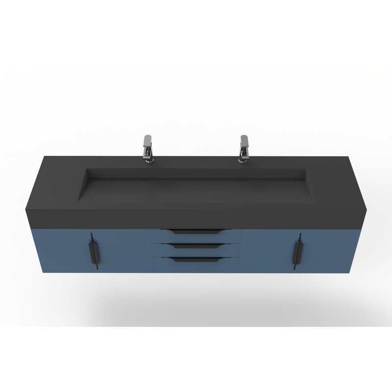Nile 72" Wall-Mounted Single Bathroom Vanity Set, Black, Black, Blue