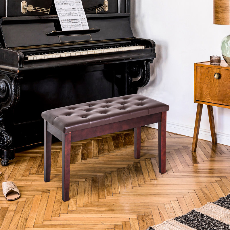 Duet- Keyboard Bench With Faux Leather Cushion And Robust Wooden Frame In Brown Piano Upholstery Base For Duets