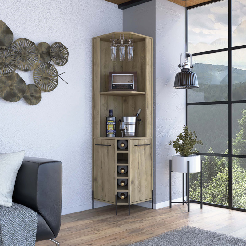 Armoire de bar Hans, deux tablettes, cinq porte-bouteilles encastrés - Macadamia