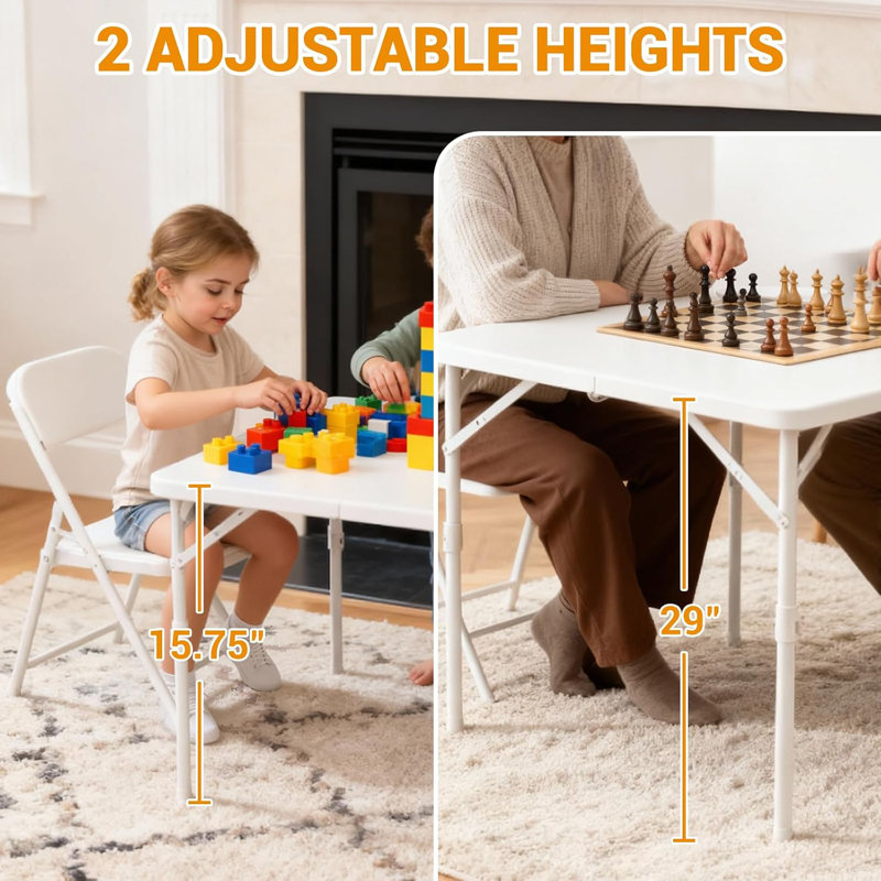 Table pliante carrée de 86 cm (34 po), table de jeu pliable et portable multifonctionnelle avec poignée de transport pour une utilisation intérieure et extérieure (camping, pique-nique, bureau, fête). Plateau en plastique et cadre en métal blanc.