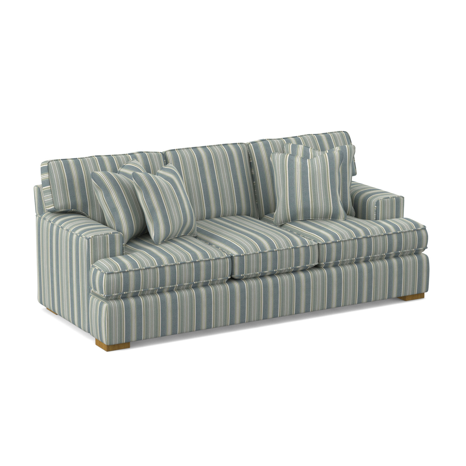 Sadie 97'' Recessed Arm Sofa with Reversible Cushions, Green and Blue Stripe; 0252-54, Honey Finish