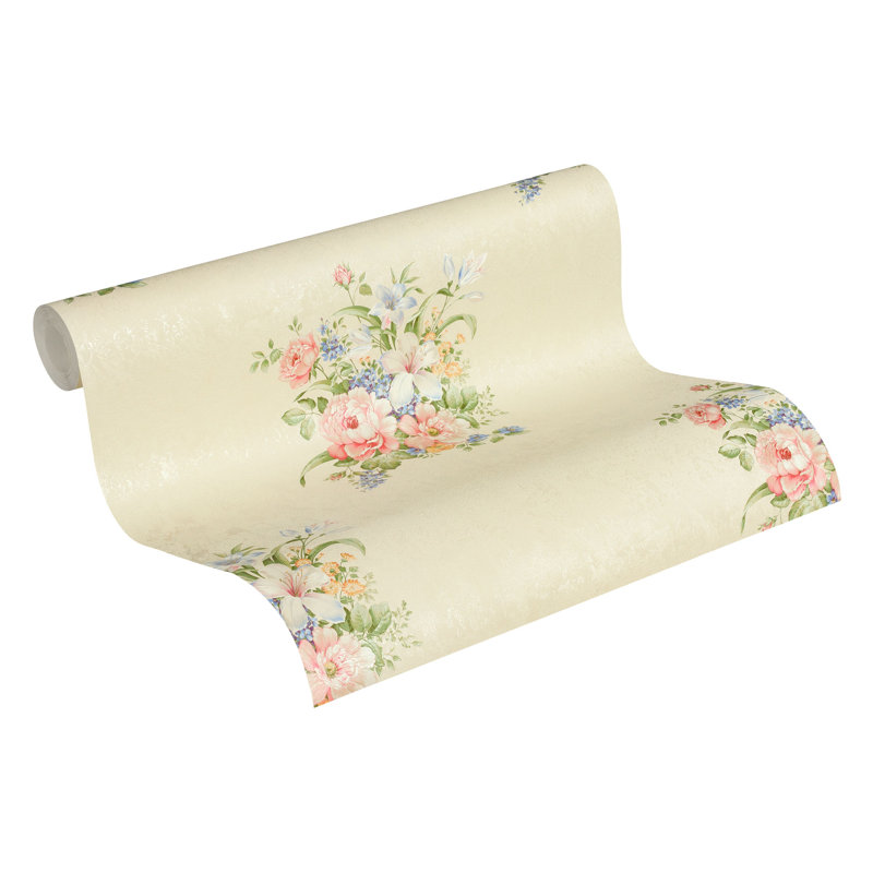 non-woven wallpaper | floral wallpaper | beige / cream, blue, brown 10.05 X 0.53 M, Cream/Green/Pink