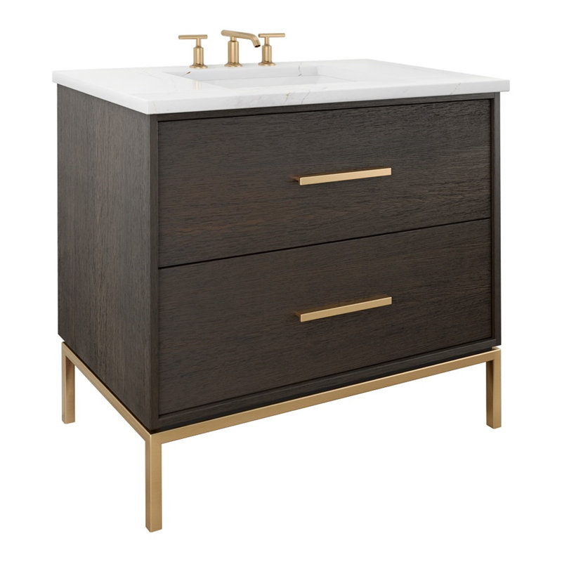 Rift White Oak Two-Drawer Single Bath Vanity, Rich Brown, Satin Gold, 30"