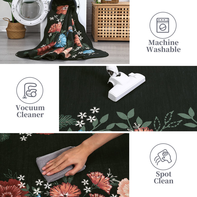 2x6 Runner Rug for Hallways Machine Washable Modern Floral Rug Non Slip Low Pile No Shedding Easy Clean Bedside Accent Carpet Indoor Stain Resistant Flower Carpet for Kitchen Entryways Black