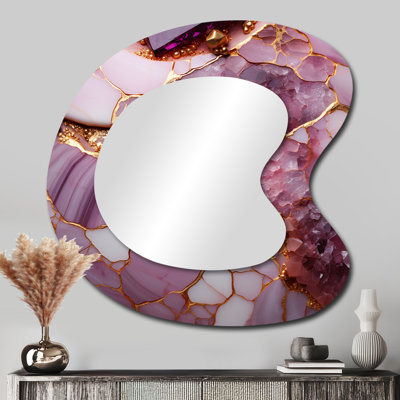Pink and gold Marble agate river V - Fractal Unique Shape Decorative Mirror, Modern Asymmetrical Wall Mirror, Printed Metal Art