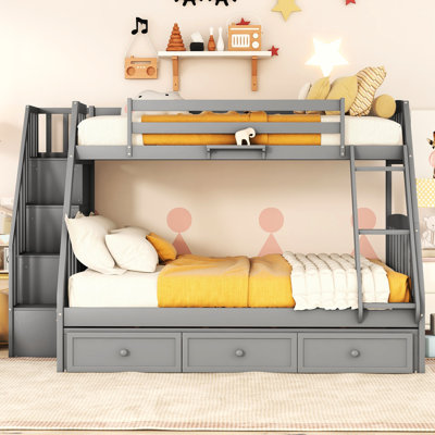 Twinfull Bunk Bed In Gray With Drawers & . Solid Wood Construction. Maximize Space Storage. Versatile Can Be Divided. Safe Guardrail. No Spring Box Required And Strong Build. Split. Guardrails.