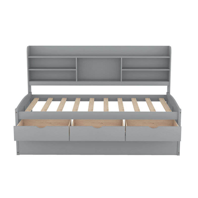Grey Twin-Size Wooden Captain Bed With Internal Bookshelves, 3 Drawer Storage & Trundle Twin In Gray Built-In Bookcases, Drawers And Included