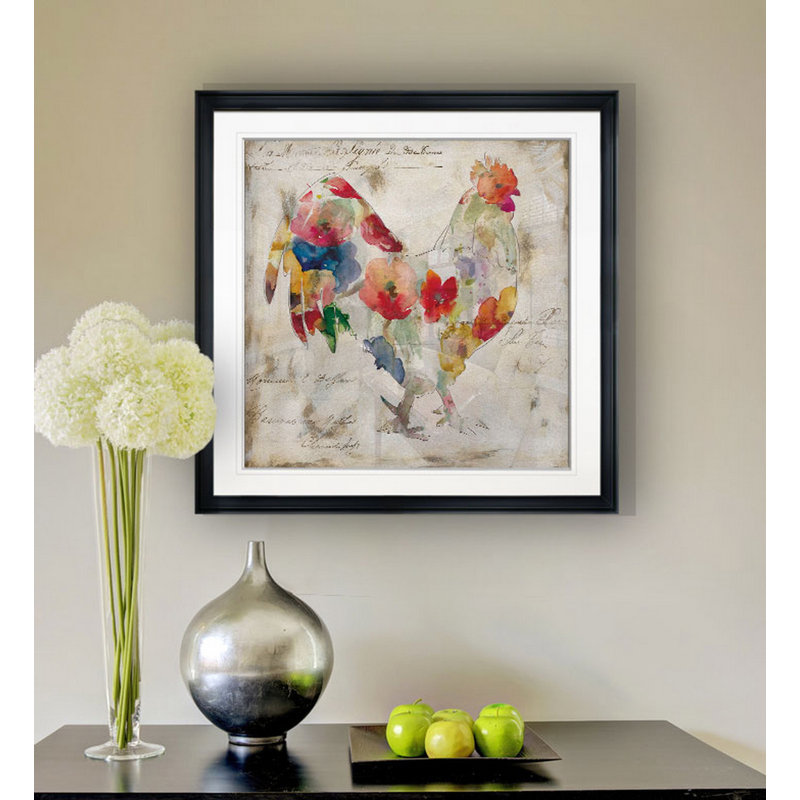 «Flowered Rooster», reproduction de peinture à l'huile, H 17,5 po x l 17,5 po x P 1,5 po, Cadre plastique noir