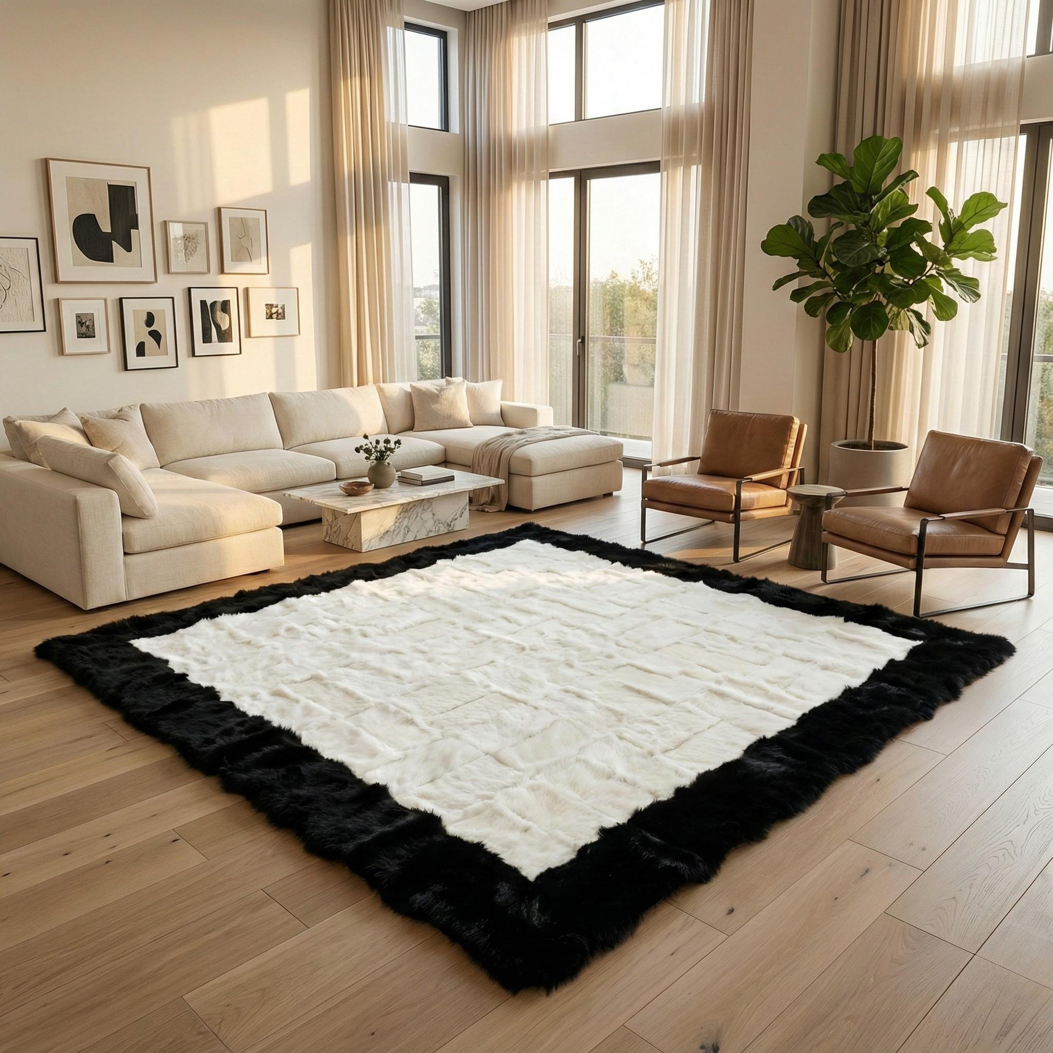 Everly Quinn Rex Rabbit Fur Rug, Black And White Border Carpet ...