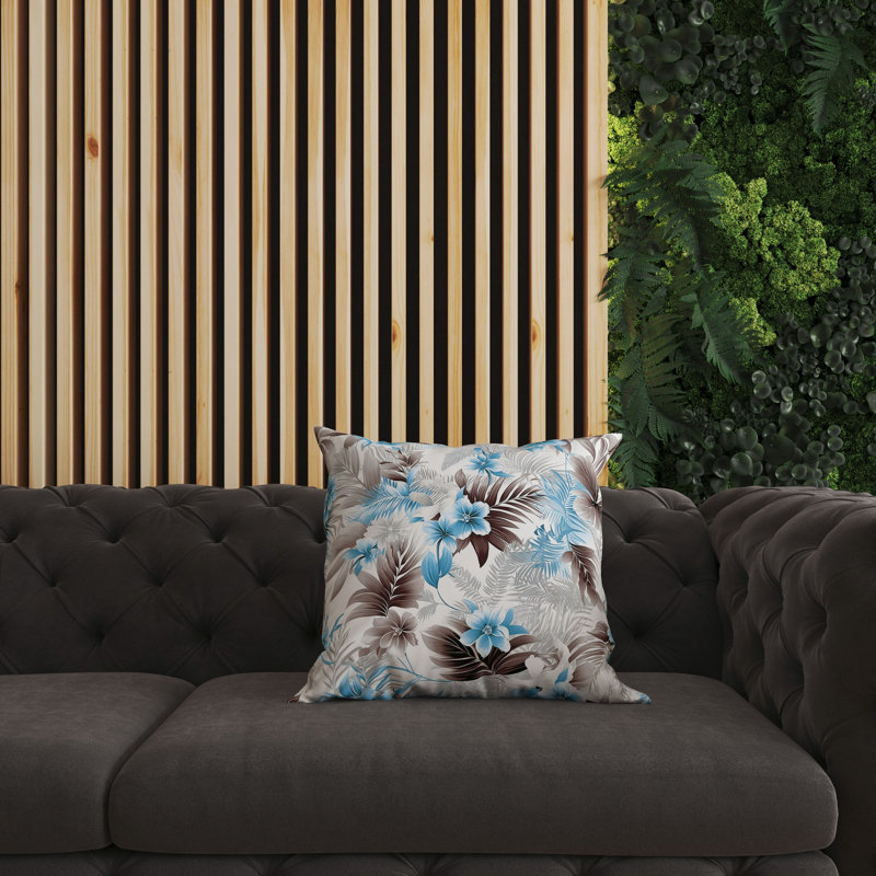 Oreiller réversible intérieur / extérieur Enchanted Tropics, H 20 po x l 20 po, Bleu / brun / floral argenté