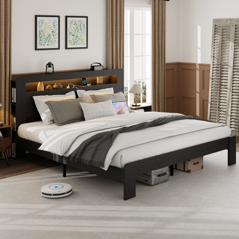 Farmhouse Wooden Bed Frame with Storage Headboard, Platform Bed with Charging Station & LED Light, Black, King