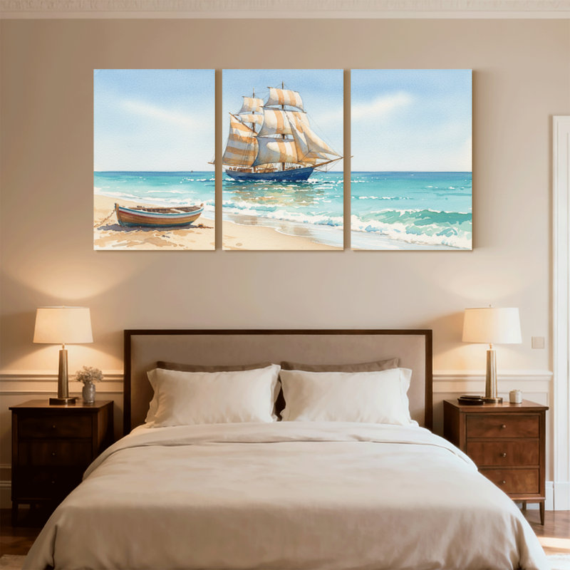 Nautique et plage, voilier sur la plage avec voiles rayées et petit bateau, ensemble de 3 impressions sur toile