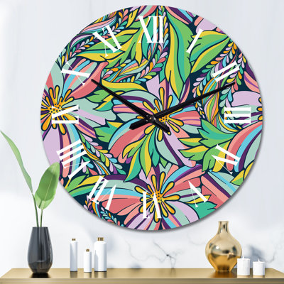 Abstract Flowers in Green Pink and Blue - Modern Wall Clock