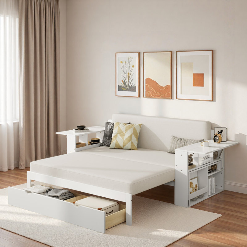Multifunctional Daybed With Storage Drawer, Open Compartments And Hydraulic Side Table, White 