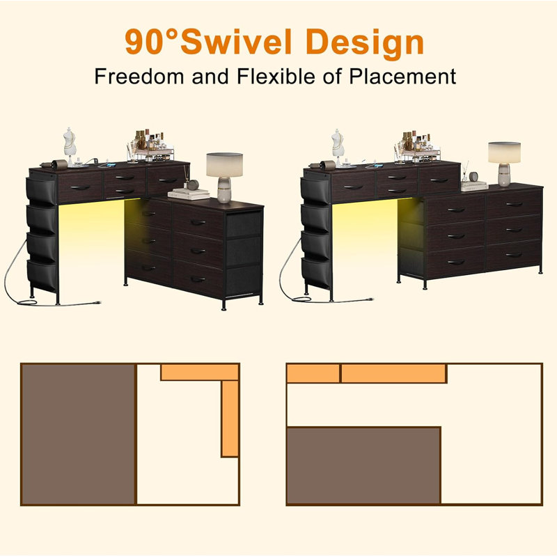 Charging Station And LED Light, 67" Rotatable Vanity Desk With LED Light And Side Pockets, Makeup Table With 10 Fabric Drawers, Modern Home Office Desks