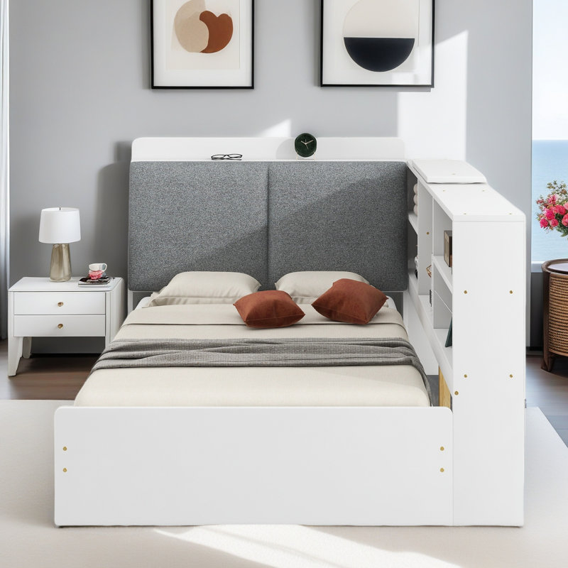Platform Bed With Upholstered And Storage Headboard, Rotatable Board, Storage Shelves And 2 Drawers, White
