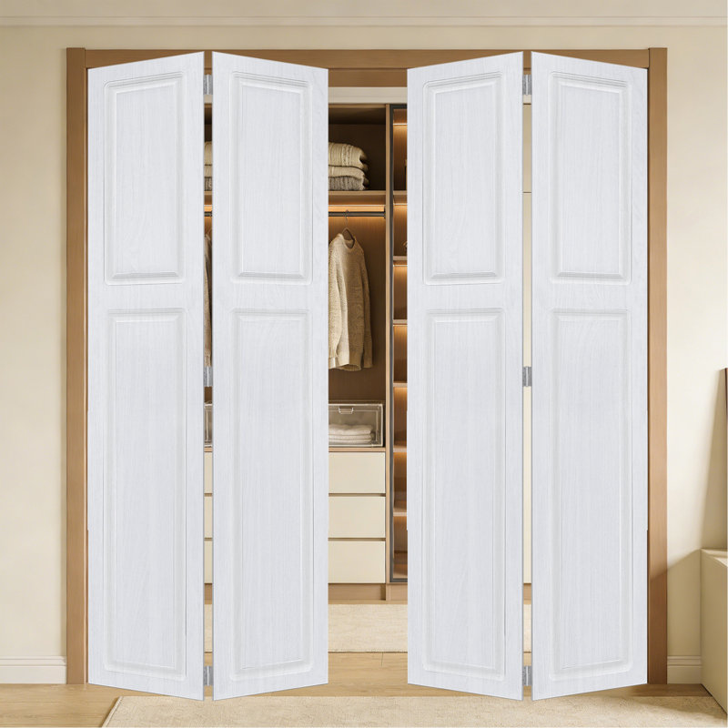 Double à 2 panneaux pliables de 96 po x 48 po Porte de grange coulissante en bois de noyer blanc avec ensemble de quincaillerie