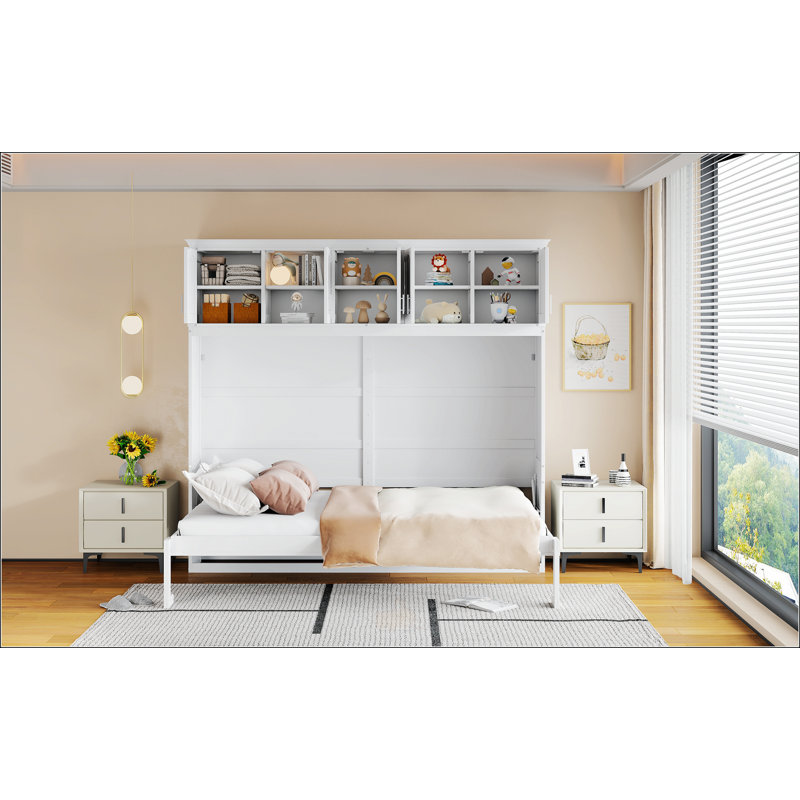 Grand lit escamotable mural avec armoires supérieures, Blanc