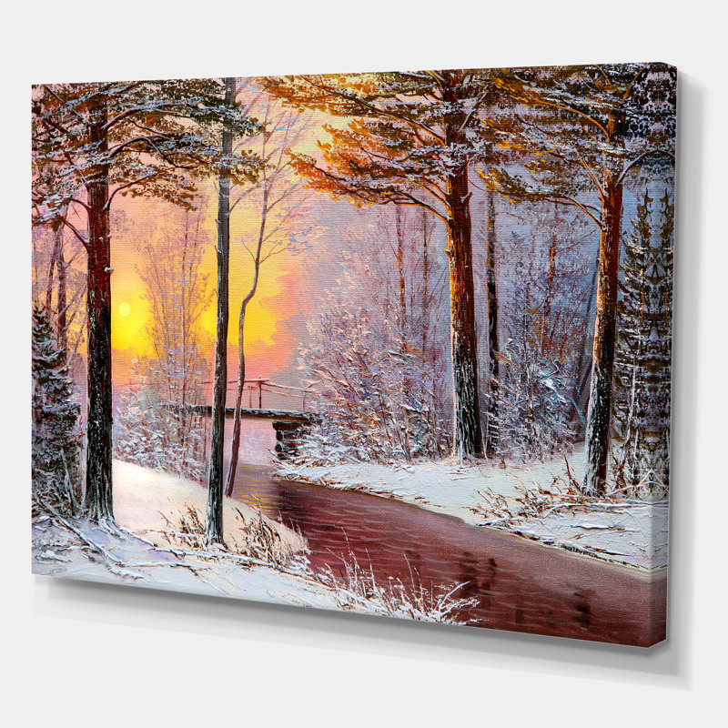 Forêt de Noël avec rivière et arbres IV - peinture sur toile, H 16 po x l 32 po x p 1 po, Toile tendue