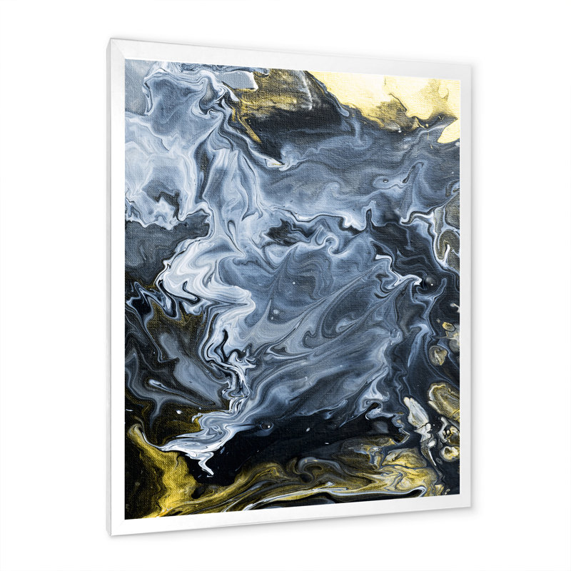 Or blanc et nuages de marbre jaune IV - peinture sur toile, H 32 po x l 24 po, Cadre de coin blanc fermé