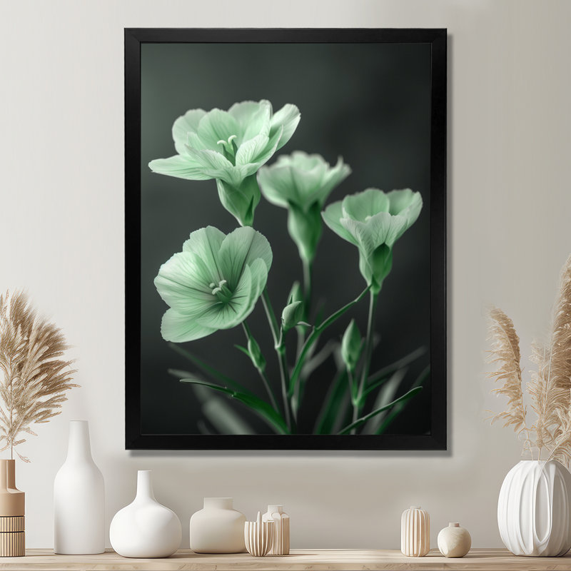 «Monocrhome Green Greey Romantic Carnations Glow», reproduction d'art mural, Toile encadrée noire simple
