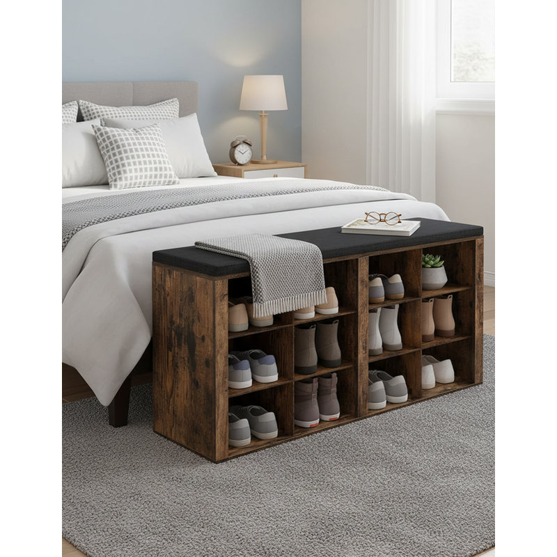 12 Pair Shoe Storage Bench, Rustic Brown